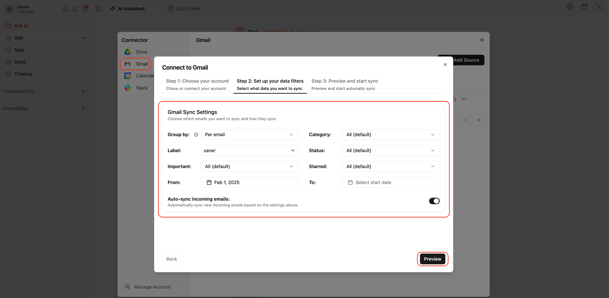 Connect Gmail to Saner.AI