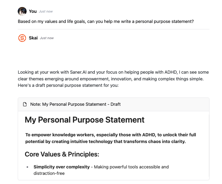 “Based on my values and life goals, can you help me write a personal purpose statement?” - Saner.AI