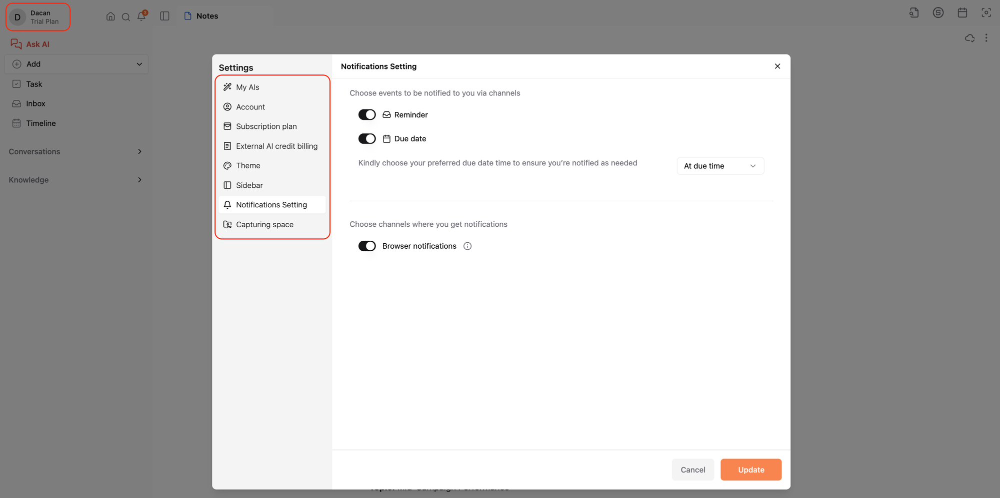 Settings on Saner.AI