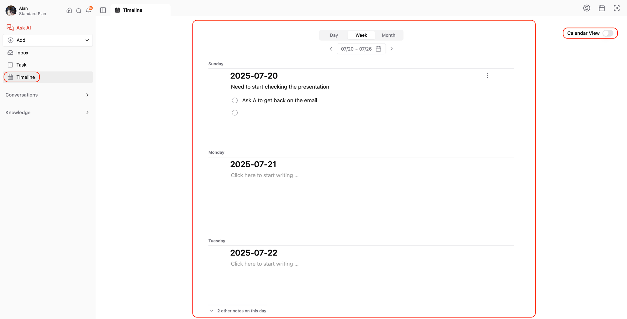 Daily notes on Timeline in Saner.AI