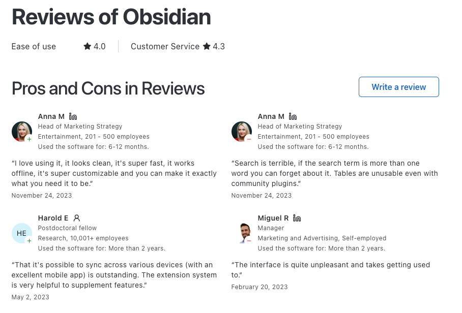 Obsidian reviews