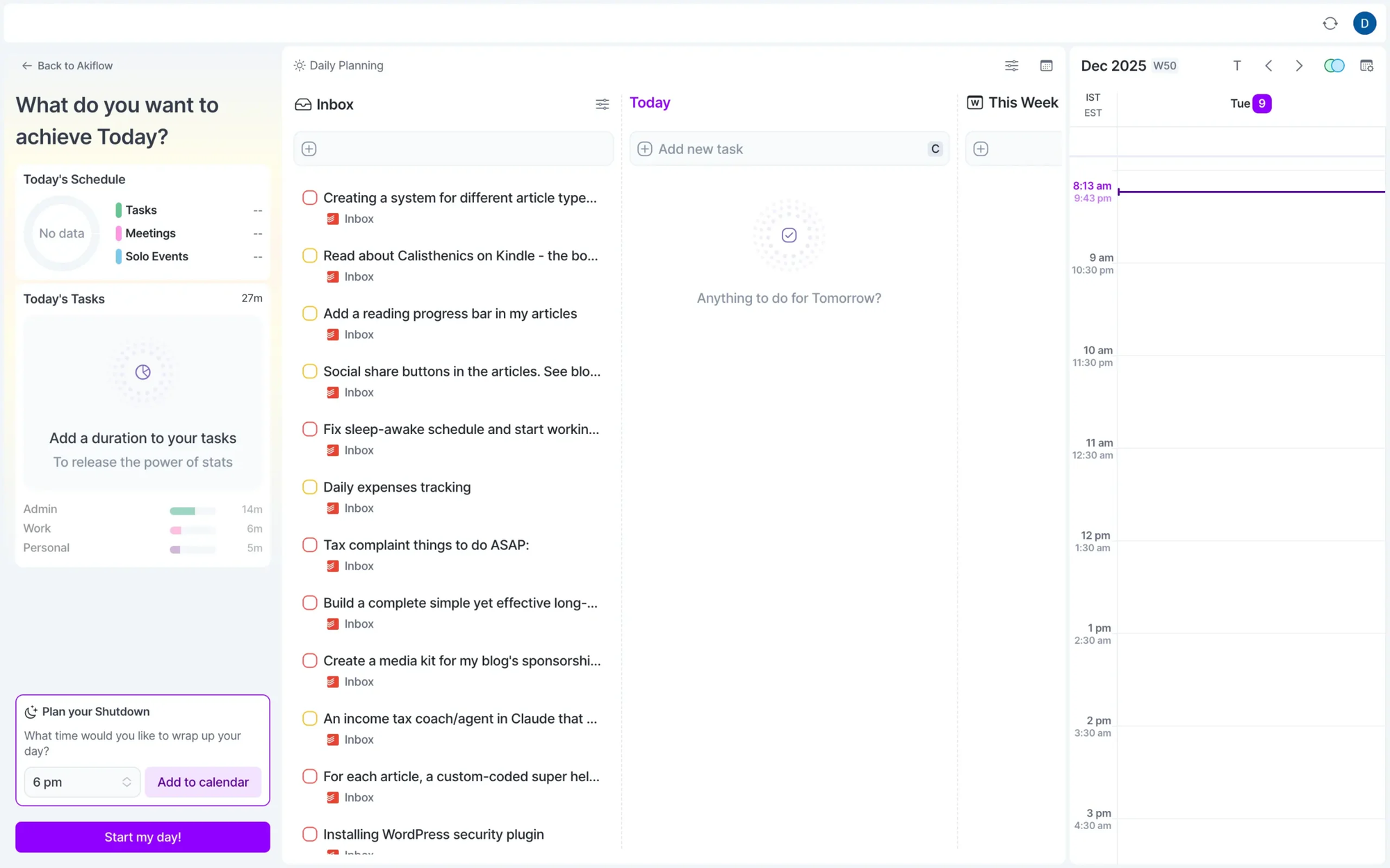 Akiflow daily planning