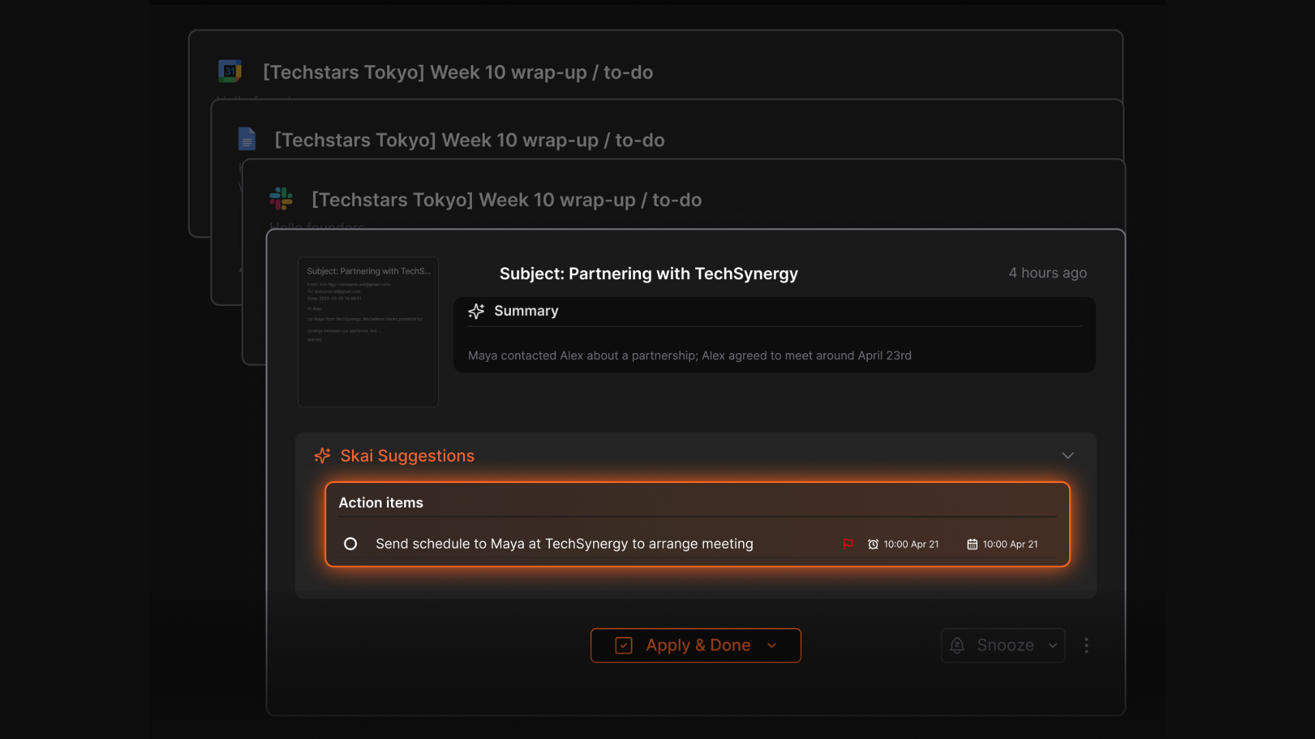 Email-to-task extraction: Sync important email threads and Skai surfaces the action items buried in them as tasks. 